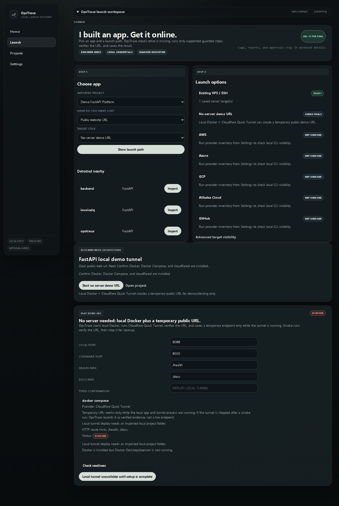 OpsTrace launch flow