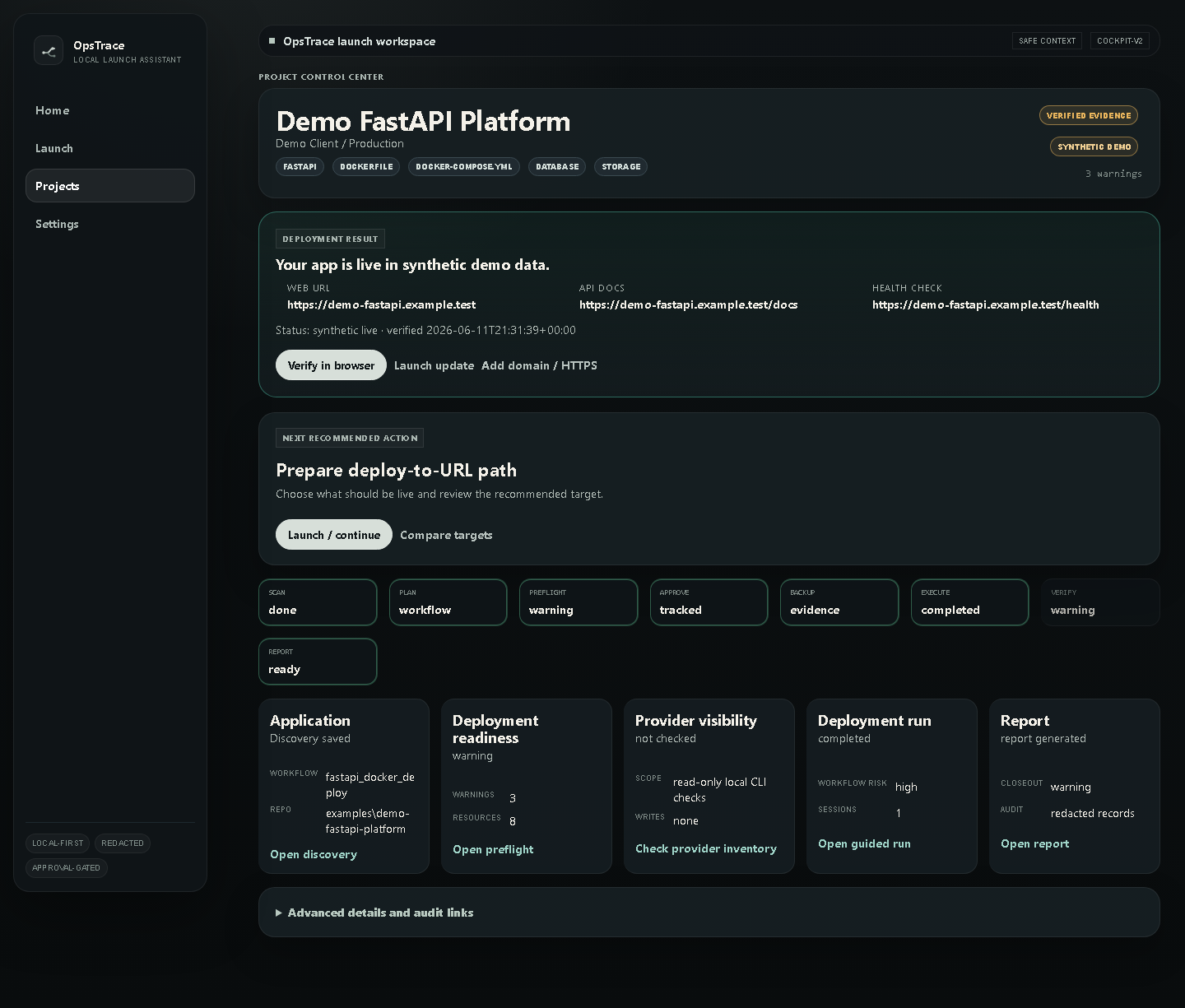 OpsTrace project page showing verified URL evidence